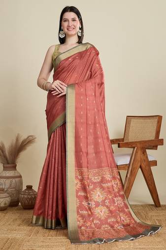 Rust printed floral print woven cotton silk kalamkari saree with blouse