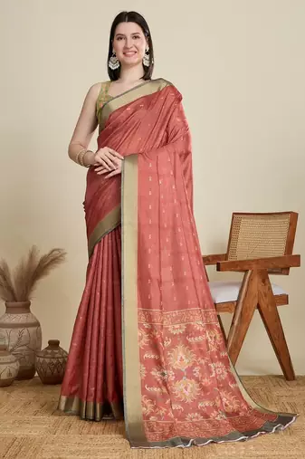 Rust printed floral print woven cotton silk kalamkari saree with blouse
