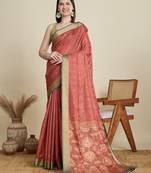Rust printed floral print woven cotton silk kalamkari saree with blouse