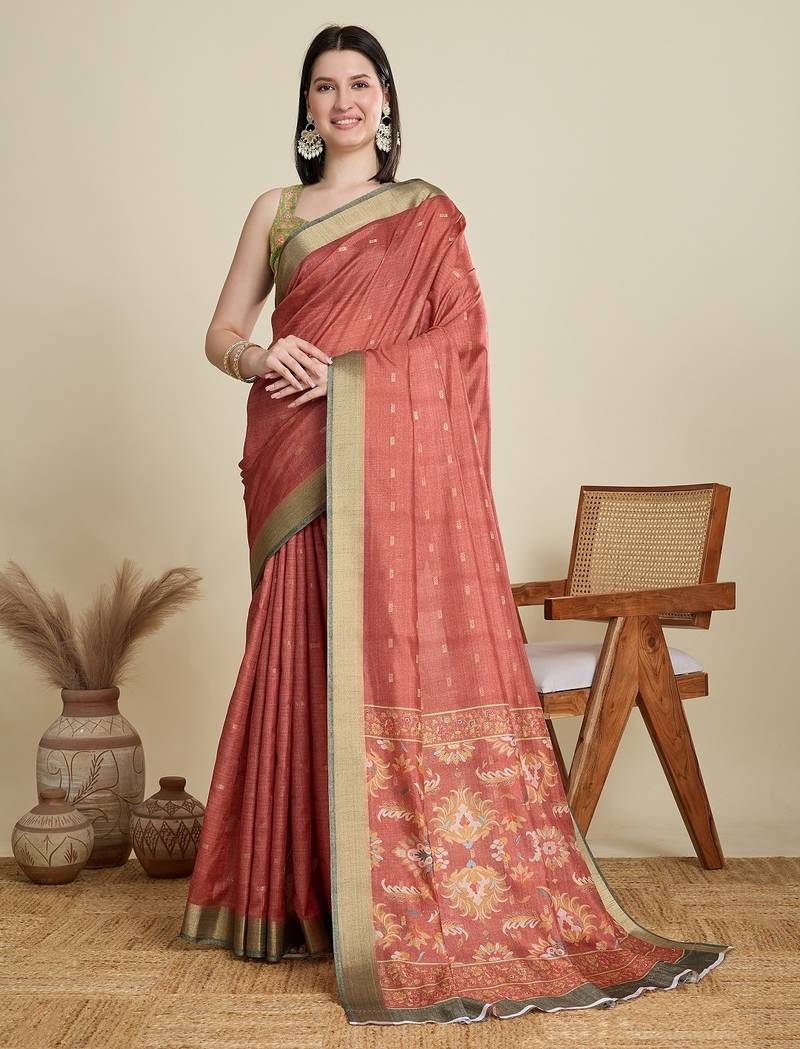 Rust printed floral print woven cotton silk kalamkari saree with blouse