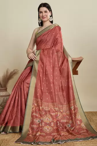 Rust printed floral print woven cotton silk kalamkari saree with blouse