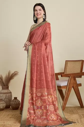 Rust printed floral print woven cotton silk kalamkari saree with blouse