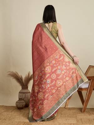 Rust printed floral print woven cotton silk kalamkari saree with blouse 4