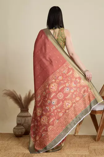 Rust printed floral print woven cotton silk kalamkari saree with blouse