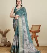 Teal green printed floral print woven cotton silk kalamkari saree with blouse