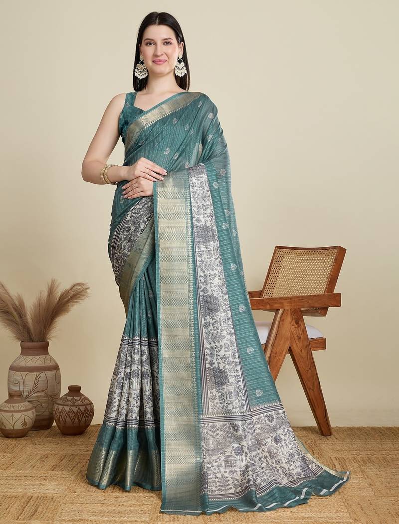 Teal green printed floral print woven cotton silk kalamkari saree with blouse