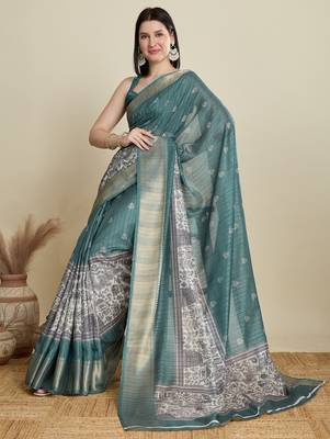 Teal green printed floral print woven cotton silk kalamkari saree with blouse 2