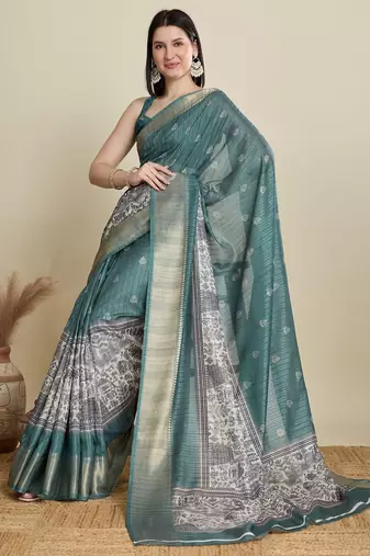 Teal green printed floral print woven cotton silk kalamkari saree with blouse