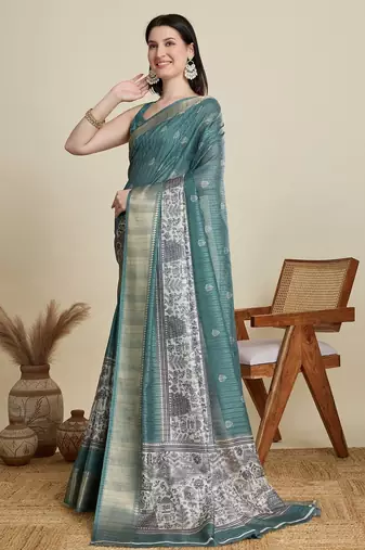 Teal green printed floral print woven cotton silk kalamkari saree with blouse