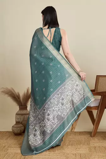Teal green printed floral print woven cotton silk kalamkari saree with blouse