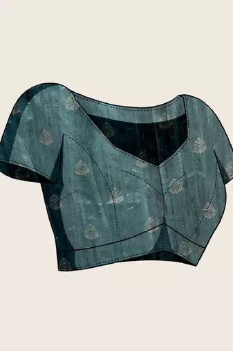 Teal green printed floral print woven cotton silk kalamkari saree with blouse
