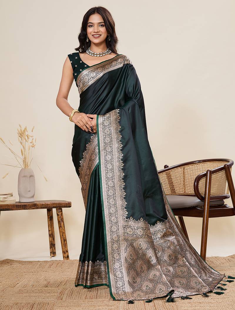Dark green woven pure satin silk banarasi saree with blouse