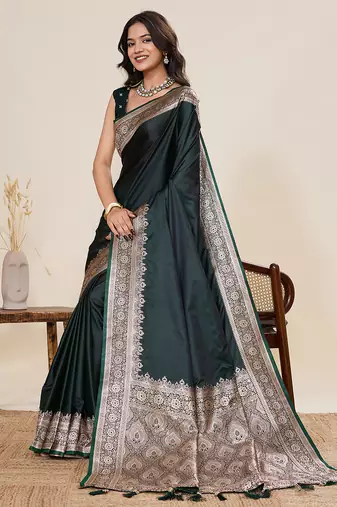 Dark green woven pure satin silk banarasi saree with blouse