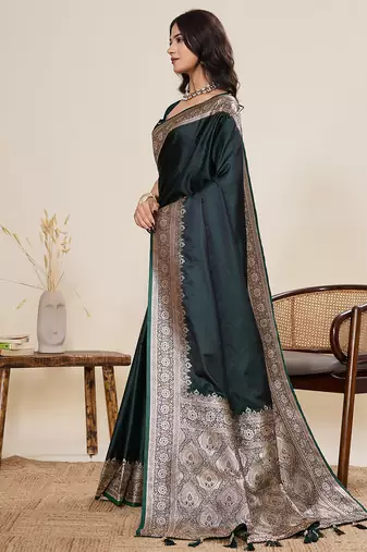 Dark green woven pure satin silk banarasi saree with blouse