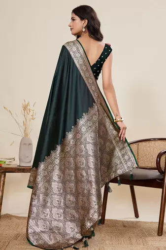 Dark green woven pure satin silk banarasi saree with blouse