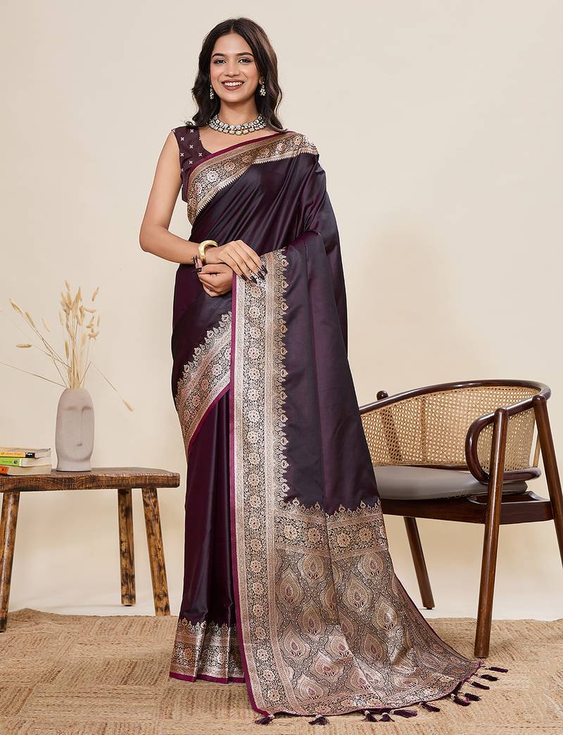 Dark purple woven pure satin silk banarasi saree with blouse