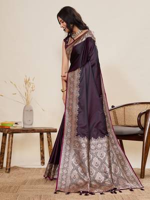 Dark purple woven satin silk blend banarasi saree with blouse 2
