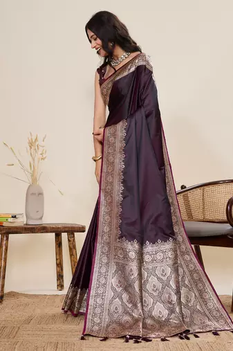 Dark purple woven pure satin silk banarasi saree with blouse