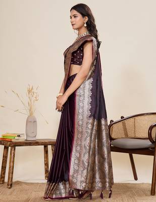 Dark purple woven satin silk blend banarasi saree with blouse 3