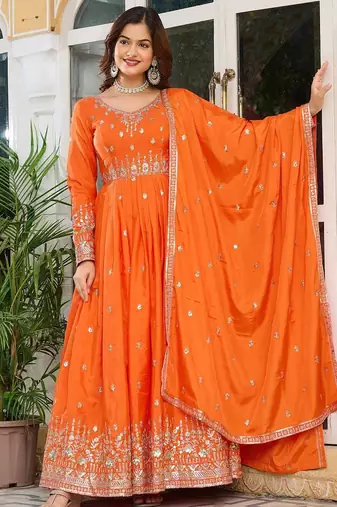 Orange Color Thread With Sequence Work American Silk Top Bottom Dupatta Set