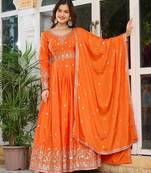 Orange Color Thread With Sequence Work American Silk Top Bottom Dupatta Set