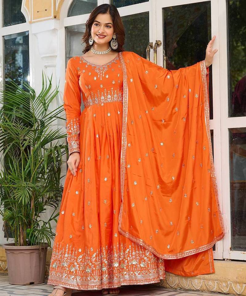 Orange Color Thread With Sequence Work American Silk Top Bottom Dupatta Set