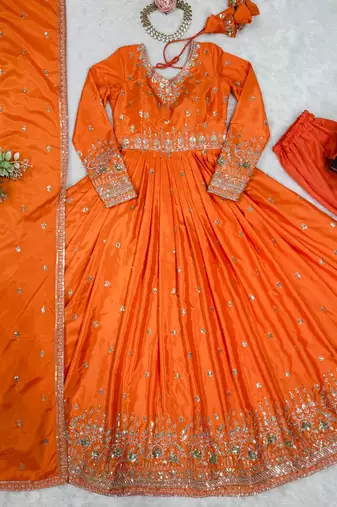 Orange Color Thread With Sequence Work American Silk Top Bottom Dupatta Set
