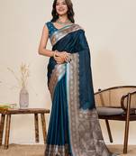 Teal blue woven pure satin silk banarasi saree with blouse