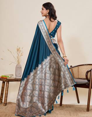 Teal blue woven satin silk blend banarasi saree with blouse 4