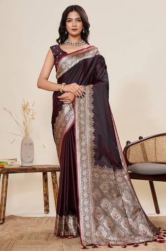 Wine woven pure satin silk banarasi saree with blouse