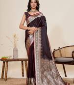 Wine woven pure satin silk banarasi saree with blouse