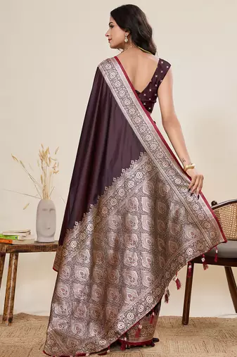 Wine woven pure satin silk banarasi saree with blouse