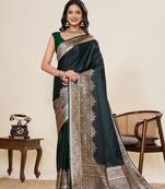 Dark green woven pure satin silk banarasi saree with blouse