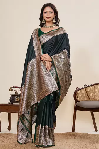 Dark green woven pure satin silk banarasi saree with blouse