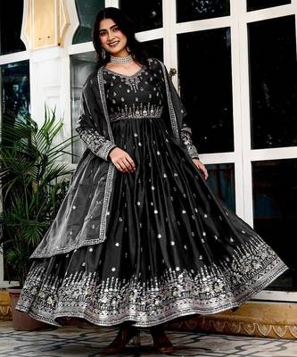 Black Color Thread With Sequence Work American Silk Top Bottom Dupatta Set 1
