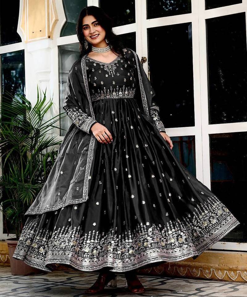 Black Color Thread With Sequence Work American Silk Top Bottom Dupatta Set
