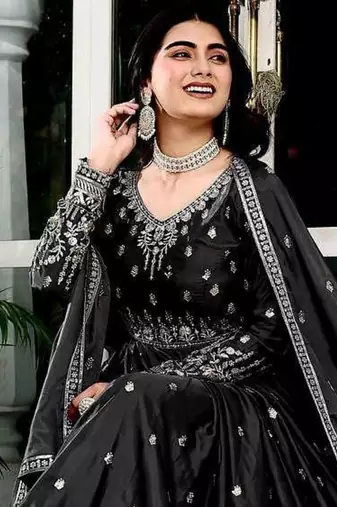 Black Color Thread With Sequence Work American Silk Top Bottom Dupatta Set