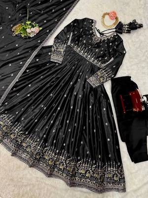 Black Color Thread With Sequence Work American Silk Top Bottom Dupatta Set 5