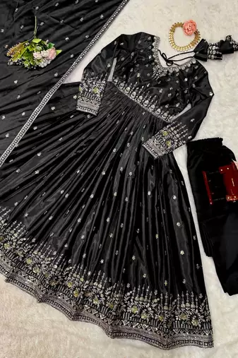 Black Color Thread With Sequence Work American Silk Top Bottom Dupatta Set
