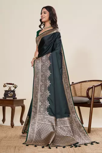 Dark green woven pure satin silk banarasi saree with blouse