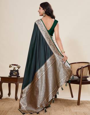 Dark green woven satin silk blend banarasi saree with blouse 4