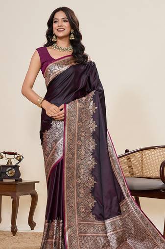 Dark purple woven pure satin silk banarasi saree with blouse
