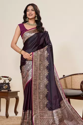 Dark purple woven pure satin silk banarasi saree with blouse