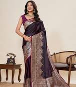 Dark purple woven pure satin silk banarasi saree with blouse