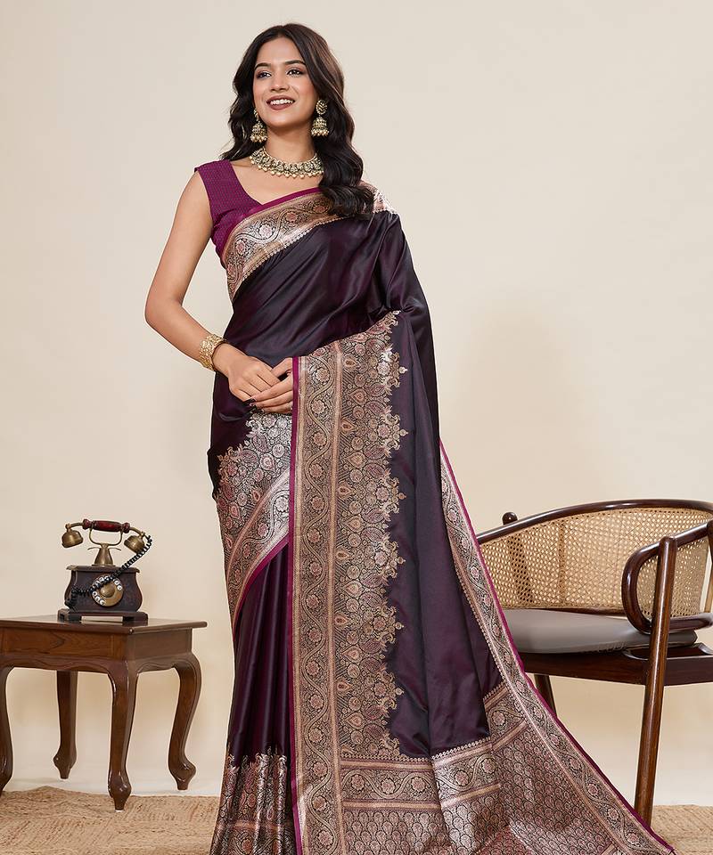 Dark purple woven pure satin silk banarasi saree with blouse