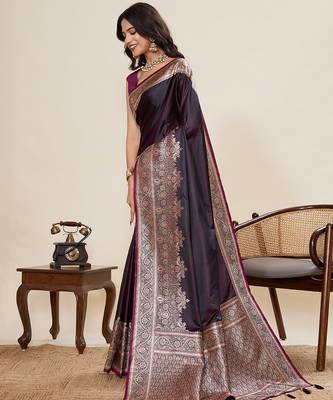Dark purple woven satin silk blend banarasi saree with blouse 3
