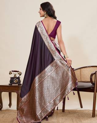 Dark purple woven satin silk blend banarasi saree with blouse 4