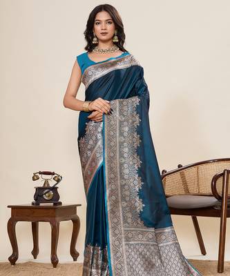 Teal blue woven satin silk blend banarasi saree with blouse 1