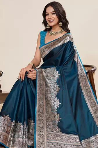 Teal blue woven pure satin silk banarasi saree with blouse