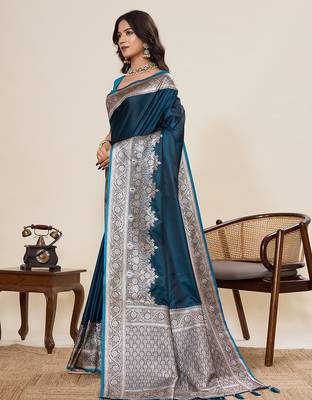 Teal blue woven satin silk blend banarasi saree with blouse 3